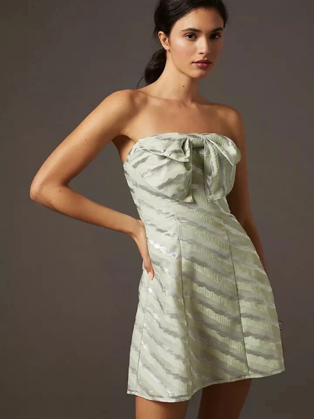 Anthropologie Eva Franco Mint & Silver Bow Tube Mini Dress